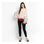 Seduva Women's Rayon Crepe Printed Ruffle Sleeve Top (Off White - Red)
