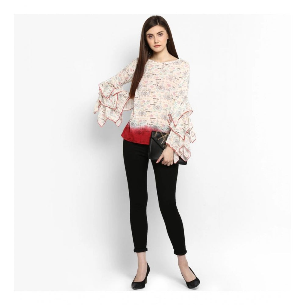 Seduva Women's Rayon Crepe Printed Ruffle Sleeve Top (Off White - Red)