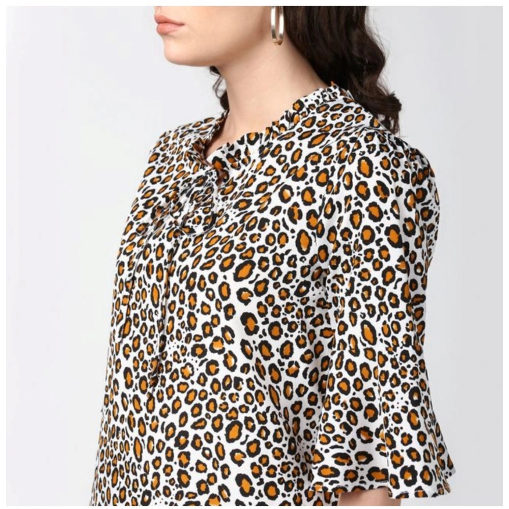 Seduva Women's Polyester Animal Print Bell Sleeve Top (Orange - Black)