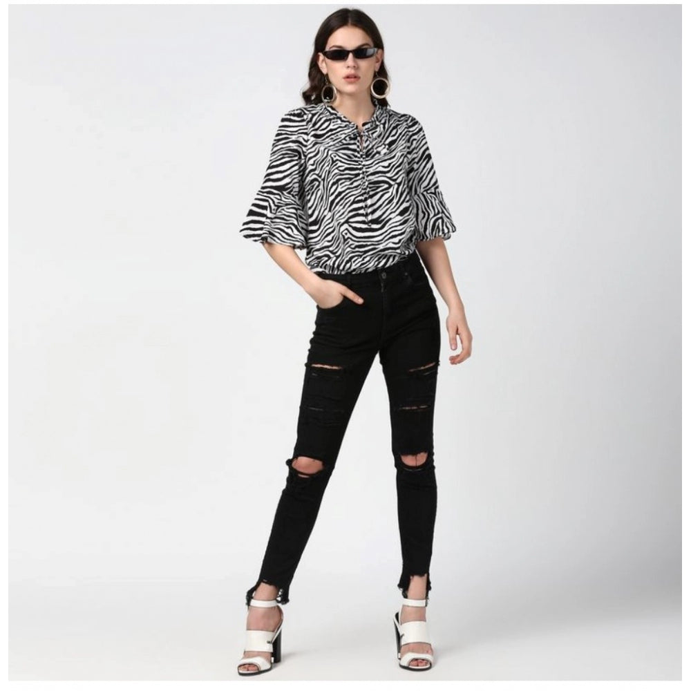 Seduva Women's Polyester Animal Print Bell Sleeve Top (Black - White)