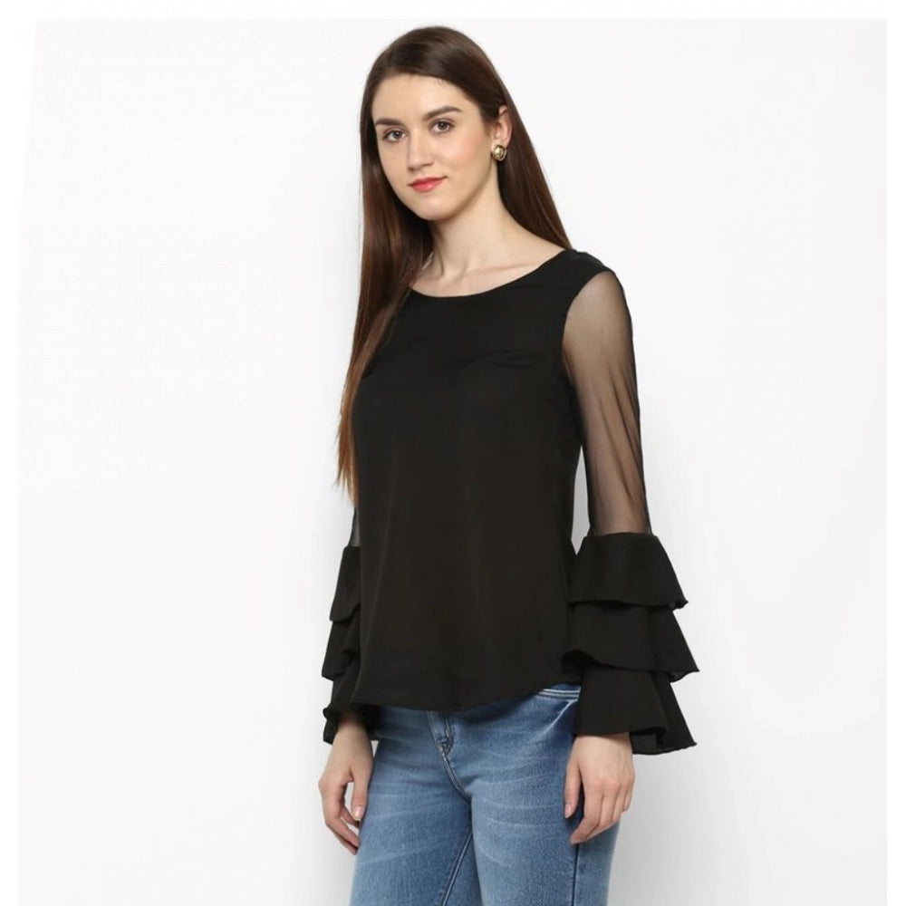 Seduva Women's Polyester Solid Tier Sleeve Top (Black)