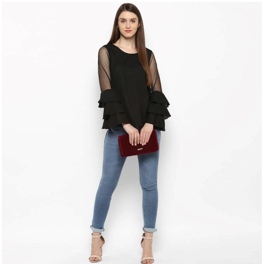 Seduva Women's Polyester Solid Tier Sleeve Top (Black)