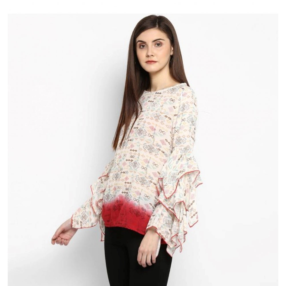 Seduva Women's Rayon Crepe Printed Ruffle Sleeve Top (Off White - Red)