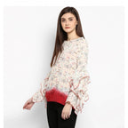 Seduva Women's Rayon Crepe Printed Ruffle Sleeve Top (Off White - Red)