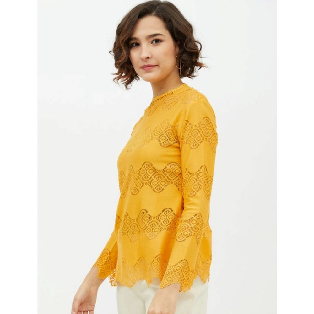 Seduva Women's Cotton Lace Inserts Long Sleeves Top (Yellow)