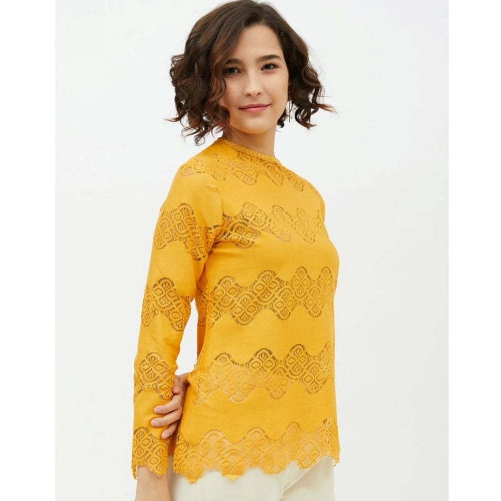 Seduva Women's Cotton Lace Inserts Long Sleeves Top (Yellow)