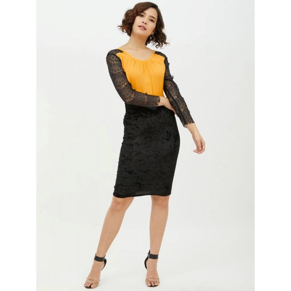 Seduva Women's Rayon Lace Inserts Long Sleeves Top (Yellow)