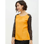 Seduva Women's Rayon Lace Inserts Long Sleeves Top (Yellow)