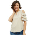 Seduva Women's Polyester Tiered Cold Shoulder Top (Beige)