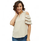 Seduva Women's Polyester Tiered Cold Shoulder Top (Beige)
