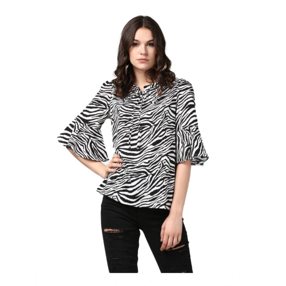 Seduva Women's Polyester Animal Print Bell Sleeve Top (Black - White)