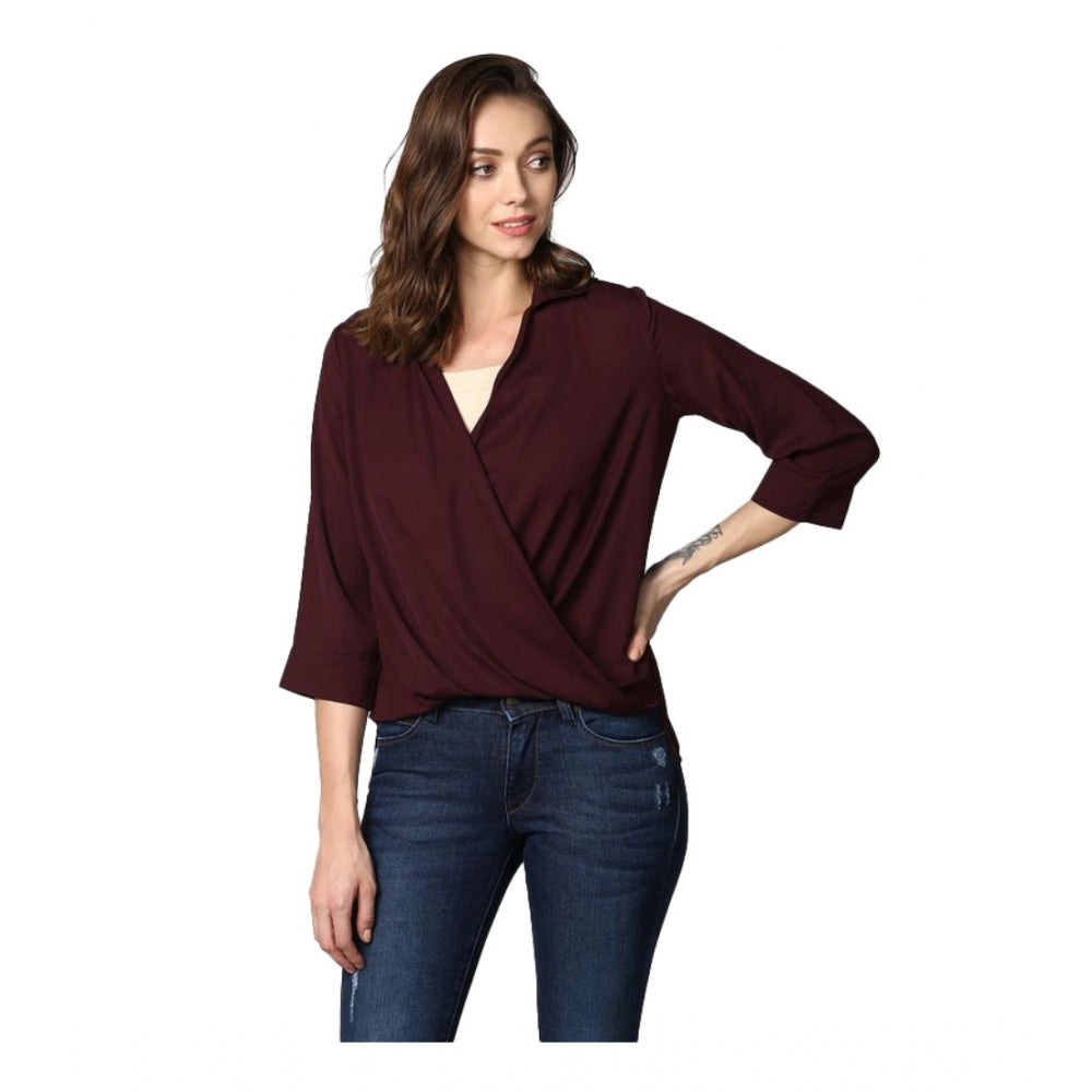 Seduva Women's Polyester Solid 3-4th Sleeves Top (Maroon)