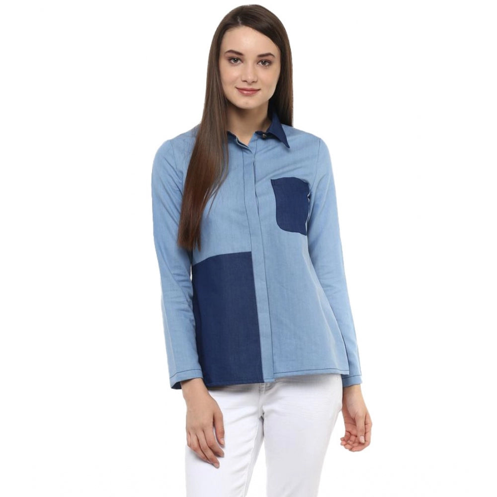 Seduva Women's Denim Patch Work Long Sleeves Regular Top (Blue)