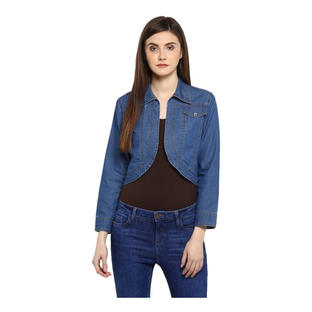 Seduva Women's Denim Solid 3-4th Sleeves Shrug (Blue)
