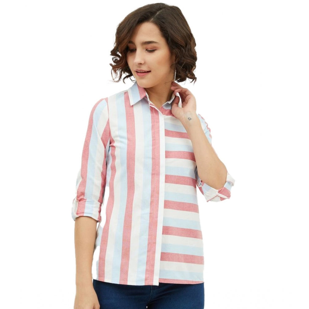 Seduva Women's Cotton Striped Long Sleeves Standard Length Shirt (Pink)