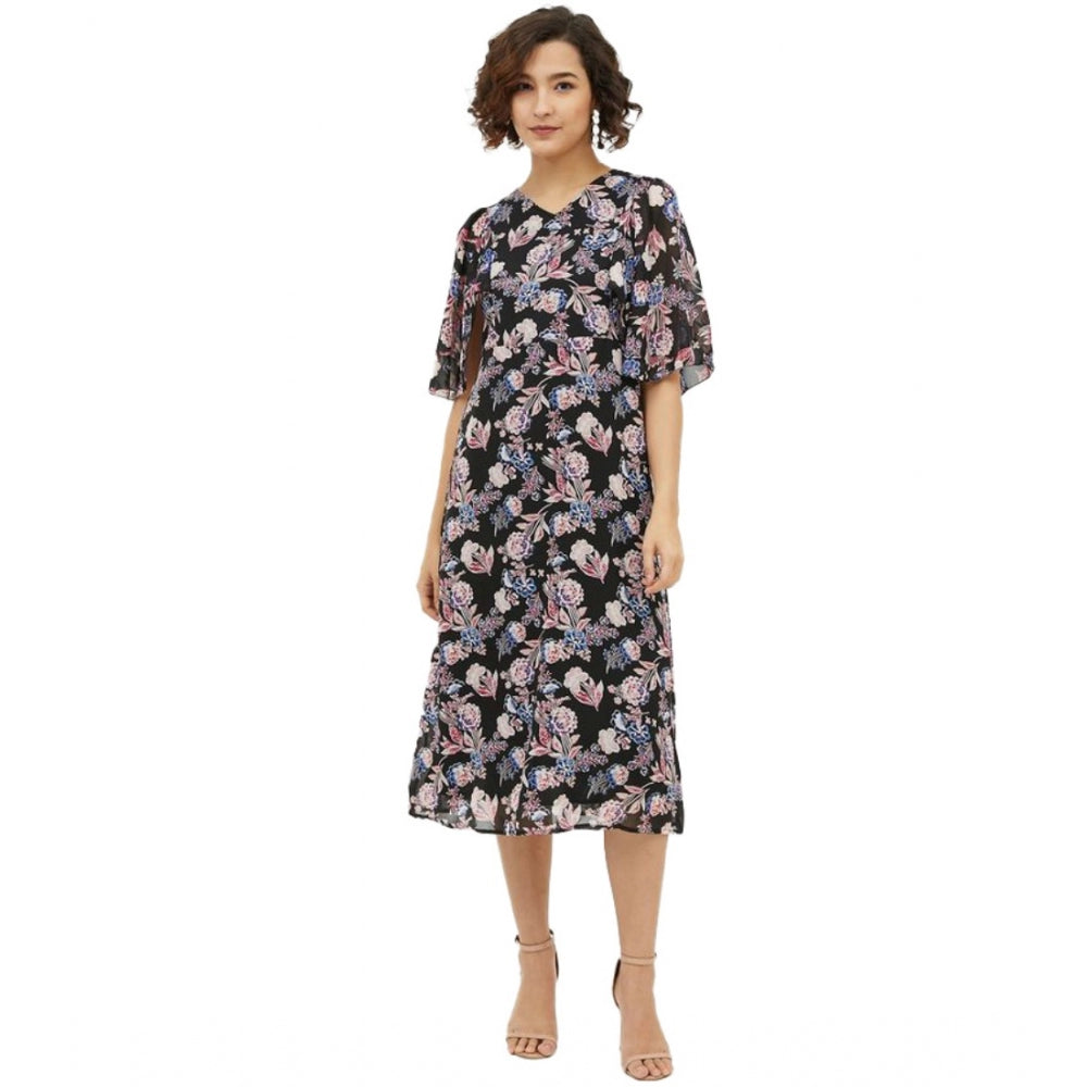 Seduva Women's Polyester Chain Print Cap Sleeve Calf-length Dress (Multicolor)