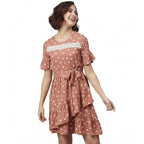 Seduva Women's Polyester Polka Bell Sleeve Above Knee Dress (Brown)