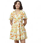 Seduva Women's Polyester Printed Flutter Above Knee Dress (Yellow - Orange)