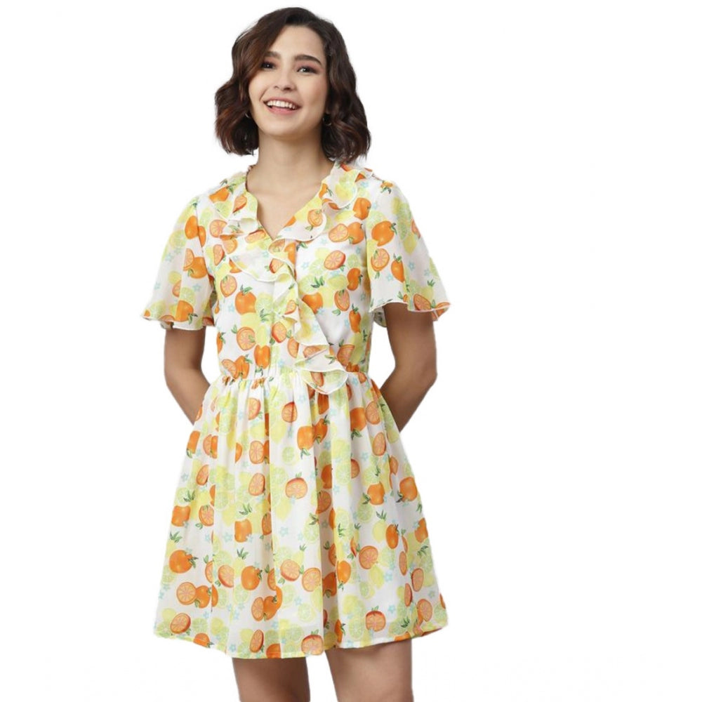 Seduva Women's Polyester Printed Flutter Above Knee Dress (Yellow - Orange)