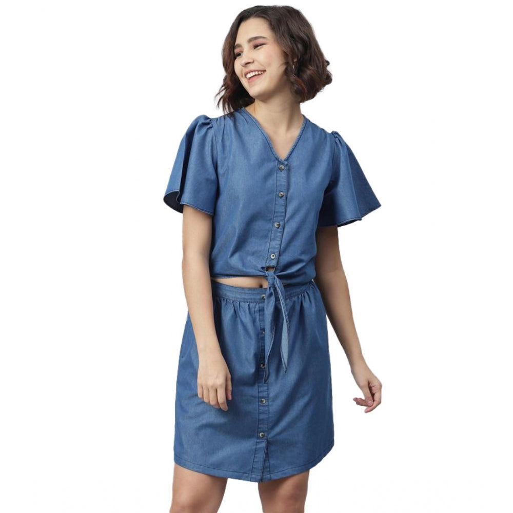 Seduva Women's Denim Solid Flutter Above Knee Dress (Blue)