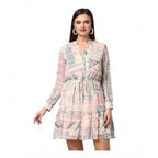 Seduva Women's Polyester Printed Long Sleeves Above Knee Dress (Light Pink - Off White)