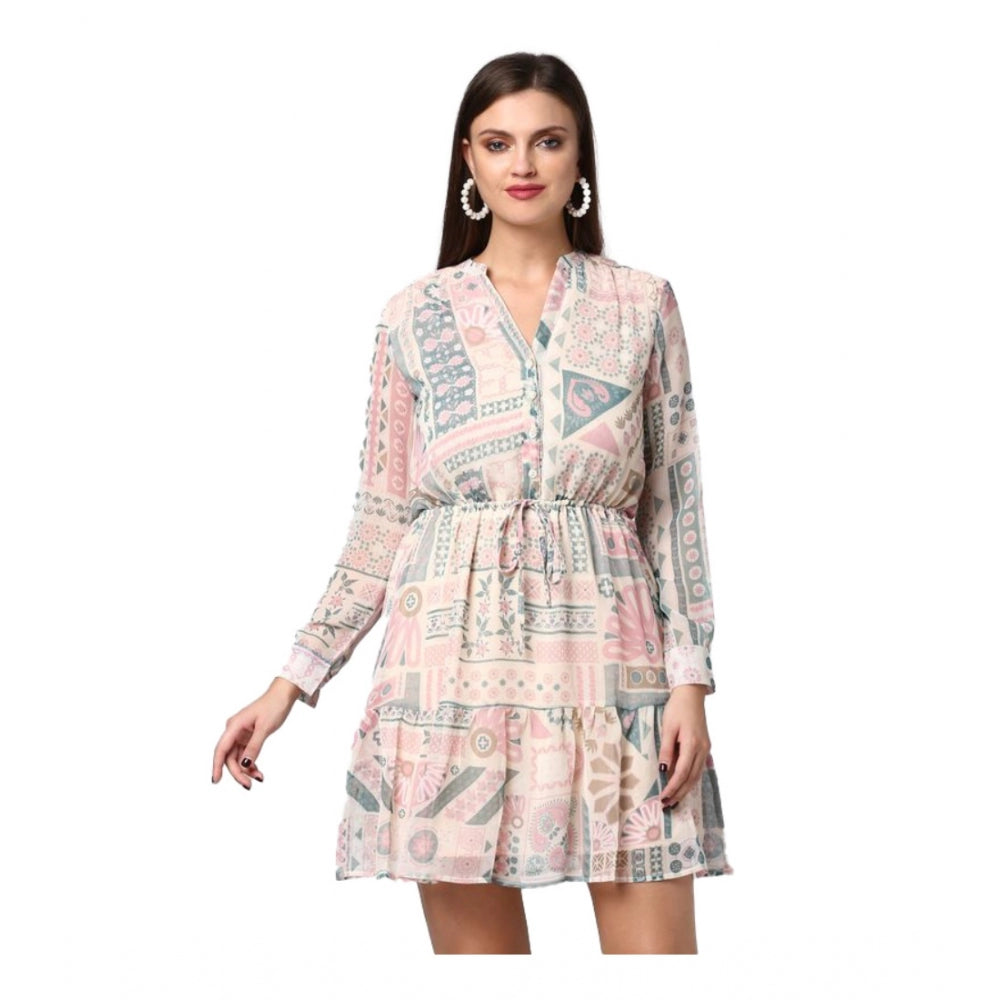 Seduva Women's Polyester Printed Long Sleeves Above Knee Dress (Light Pink - Off White)