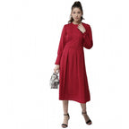 Seduva Women's Polyester Pintuck Long Sleeves Below Knee Dress (Red)