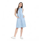 Seduva Women's Denim Solid Sleeveless Below Knee Dress (Blue)