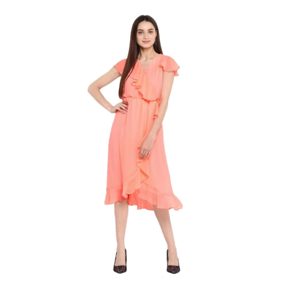 Seduva Women's Polyester Ruffled Cap Sleeve Below Knee Dress (Neon Pink)