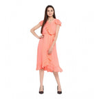 Seduva Women's Polyester Ruffled Cap Sleeve Below Knee Dress (Neon Pink)