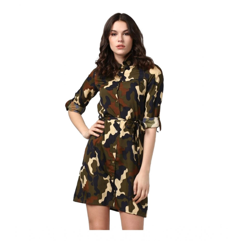 Seduva Women's Polyester Printed Roll Up Sleeve Tunic Top (Green - Black)