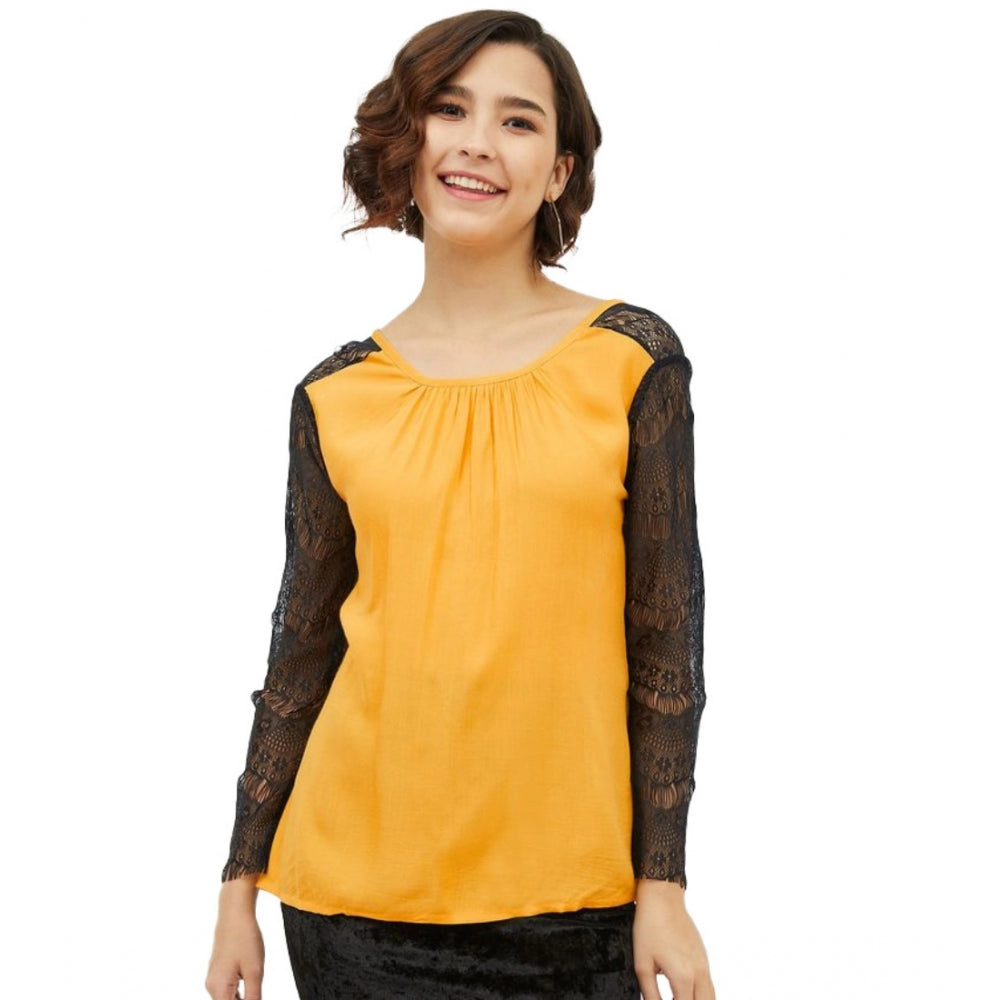Seduva Women's Rayon Lace Inserts Long Sleeves Top (Yellow)