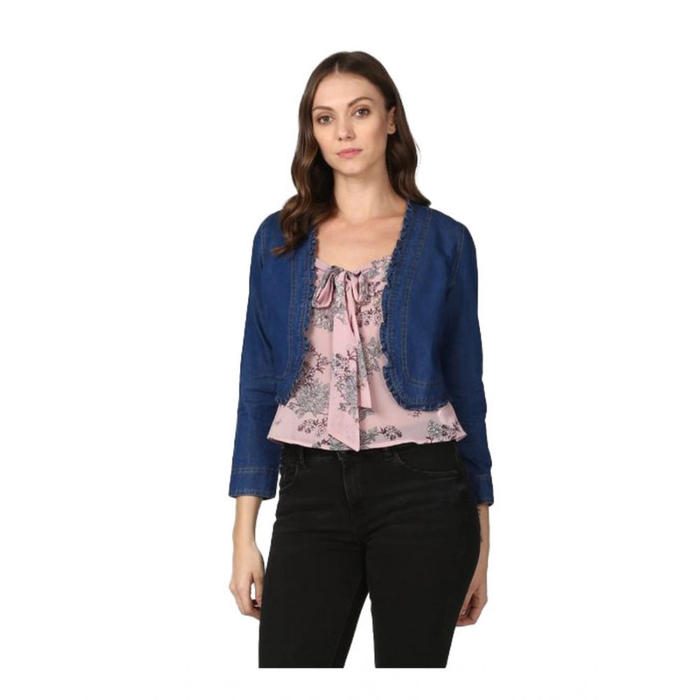 Seduva Women's Denim Ruffled Long Sleeves Shrug (Navy Blue)