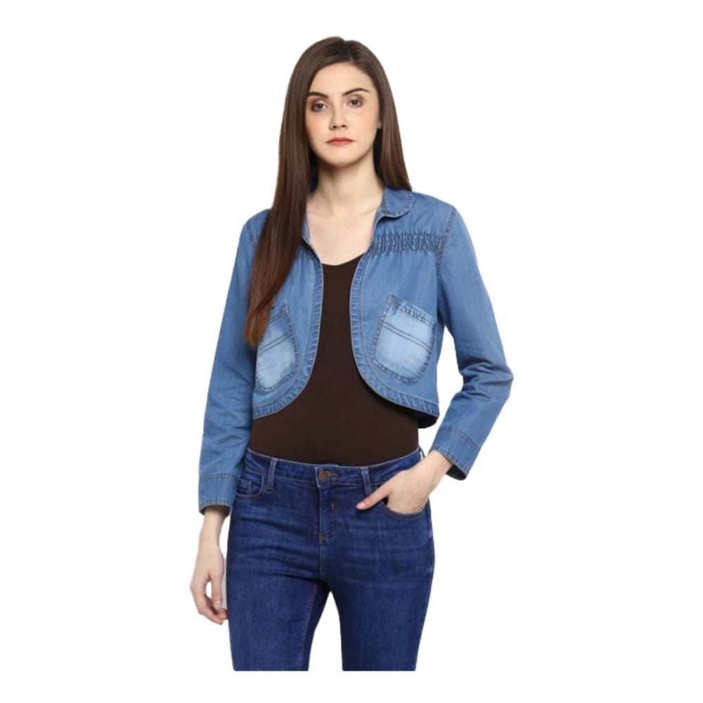 Seduva Women's Denim Smocking 3-4th Sleeves Shrug (Blue)