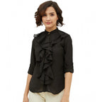 Seduva Women's Polyester Ruffled Long Sleeves Standard Length Shirt (Black)