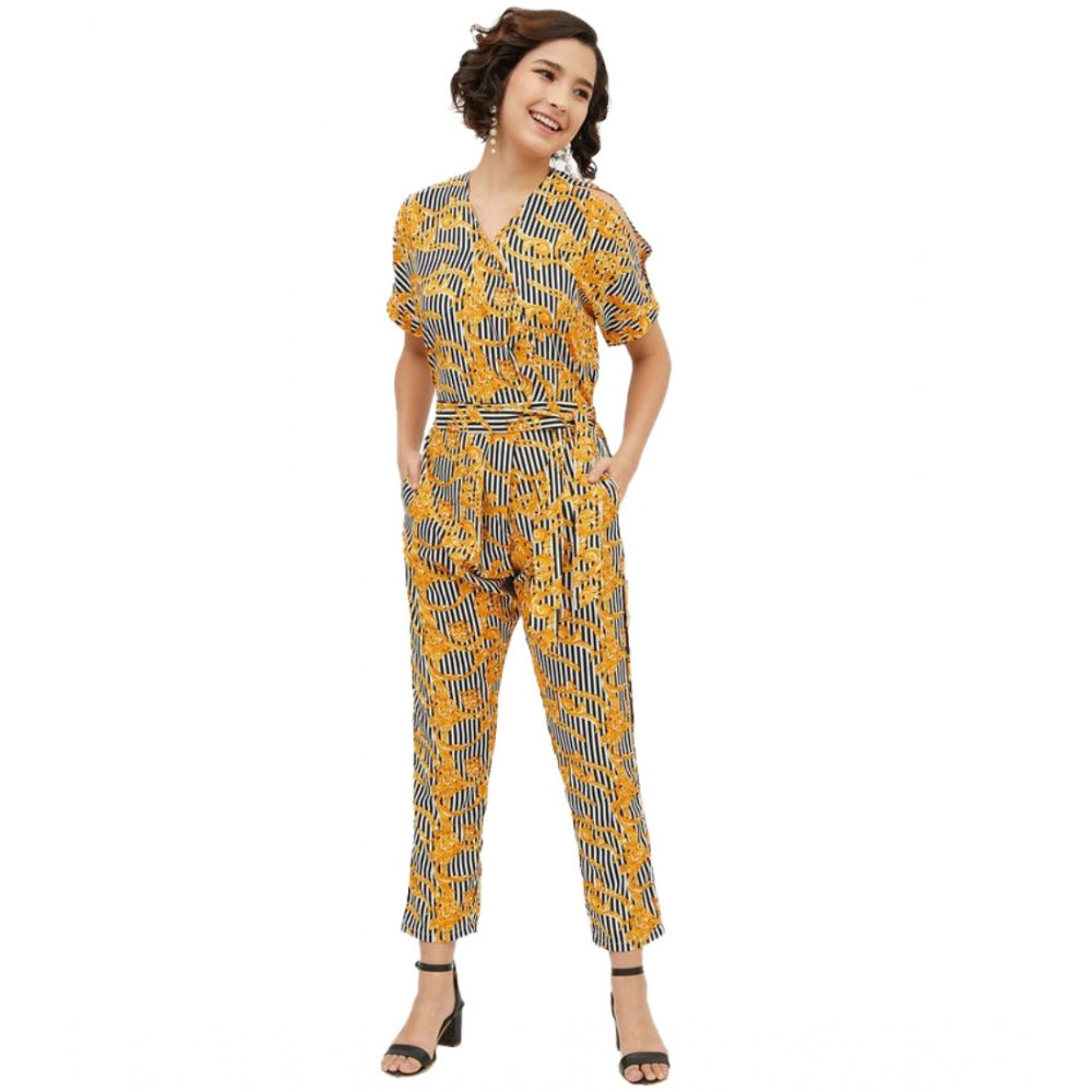 Seduva Women's Polyester Printed Half Sleeve Long Jumpsuit (Yellow)