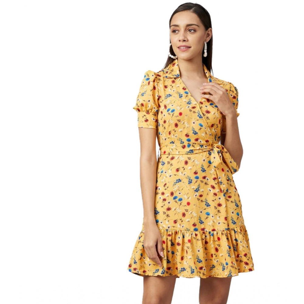 Seduva Women's Polyester Floral Short Sleeve Above Knee Dress (Yellow)