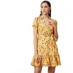 Seduva Women's Polyester Floral Short Sleeve Above Knee Dress (Yellow)