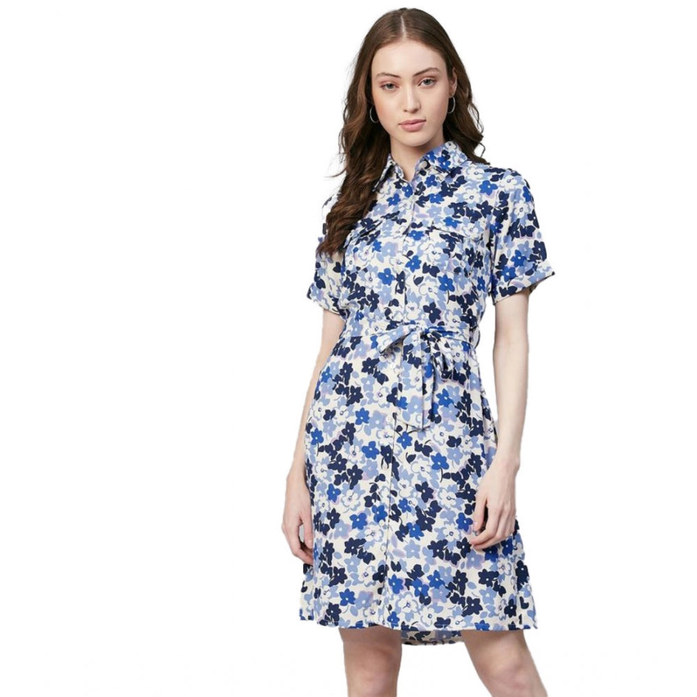 Seduva Women's Polyester Floral Short Sleeve Above Knee Dress (Blue - White)