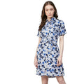 Seduva Women's Polyester Floral Short Sleeve Above Knee Dress (Blue - White)