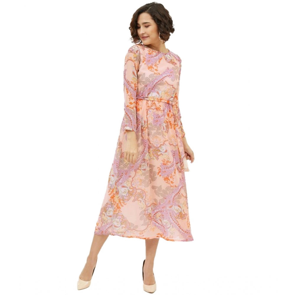 Seduva Women's Polyester Printed Long Sleeves Calf-length Dress (Multicolor)
