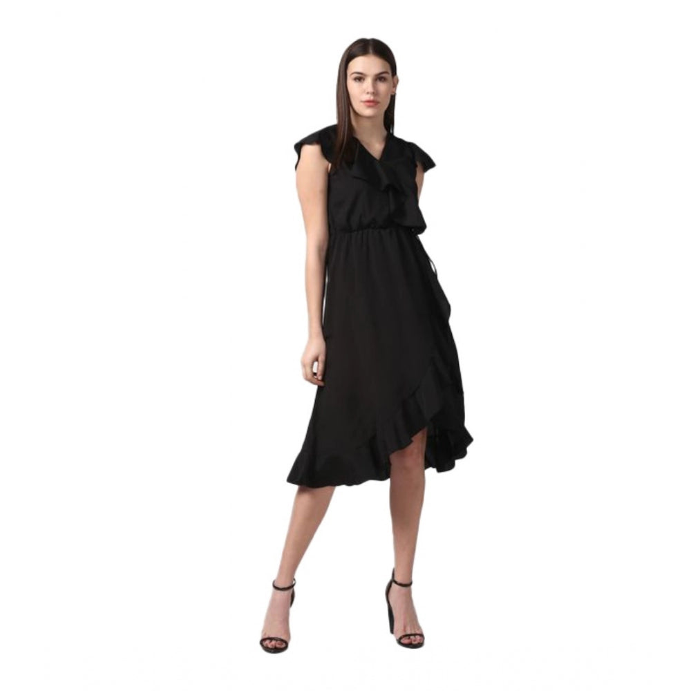 Seduva Women's Polyester Ruffled Cap Sleeve Knee-Length Dress (Black)