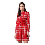 Seduva Women's Polyester Checkered Long Sleeves Above Knee Dress (Red)