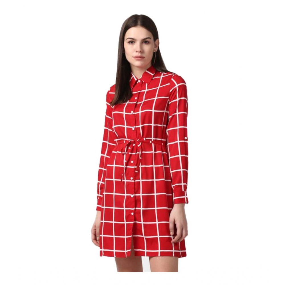 Seduva Women's Polyester Checkered Long Sleeves Above Knee Dress (Red)