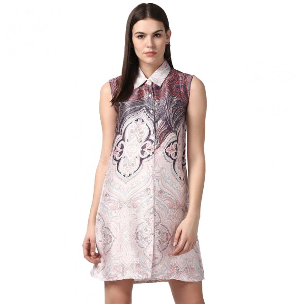 Seduva Women's Polyester Printed Sleeveless Above Knee Dress (Orange)