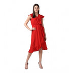 Seduva Women's Polyester Ruffled Cap Sleeve Knee-Length Dress (Red)