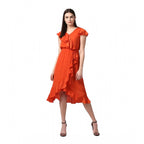 Seduva Women's Polyester Ruffled Cap Sleeve Knee-Length Dress (Orange)