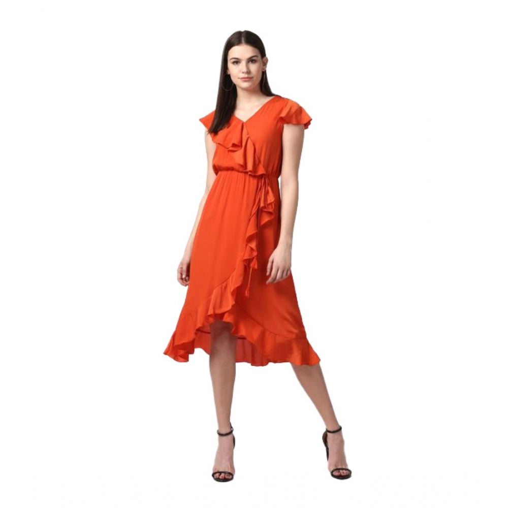 Seduva Women's Polyester Ruffled Cap Sleeve Knee-Length Dress (Orange)