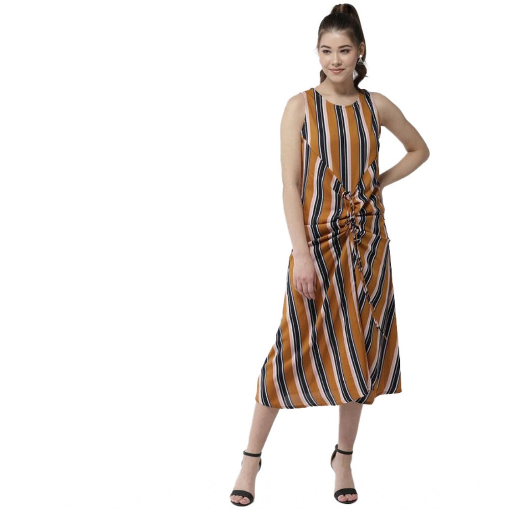 Seduva Women's Polyester Striped Sleeveless Below Knee Dress (Mustard)