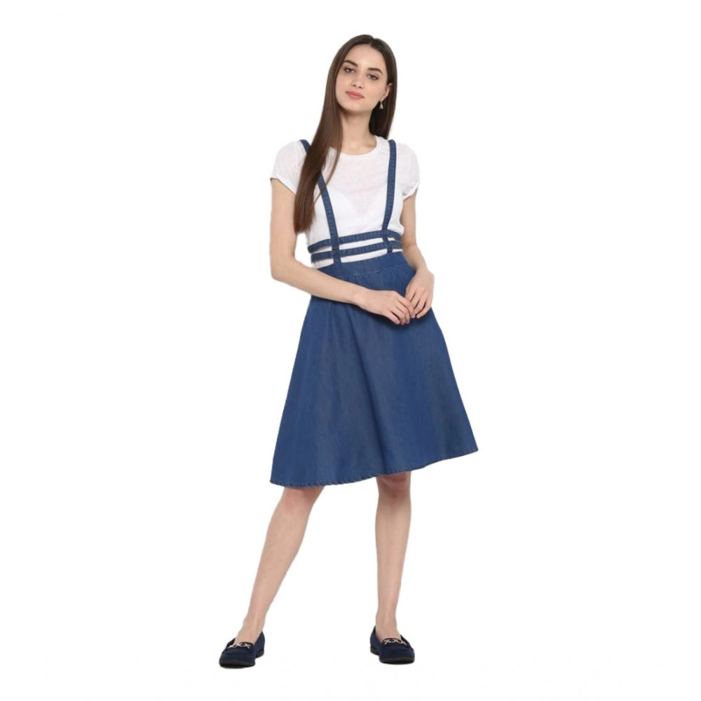 Seduva Women's Denim Solid Shoulder Straps Below Knee Dress (Blue)